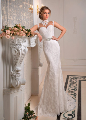 High Neck Ivory Lace Tulle Sheer Back Vintage Wedding Dress